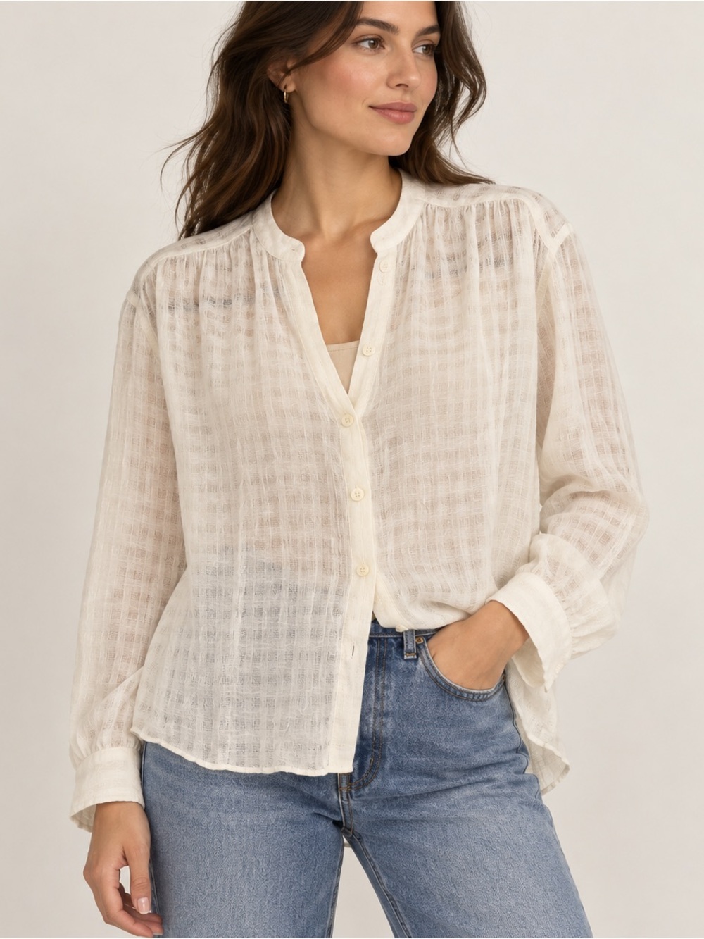 ZARA Cream Textured Linen Button-Front Blouse Small NWT